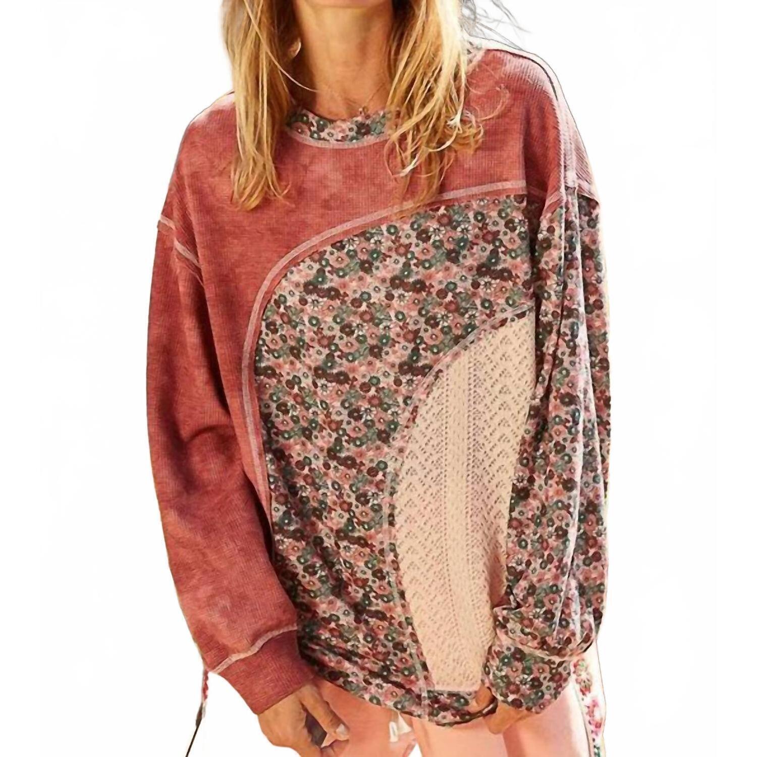 New Pol Mazy Oversize Long Sleeve Floral Contrast Thermal Top In Burgundy